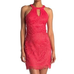 Guess Sleeveless Coral Halter Lace Dress